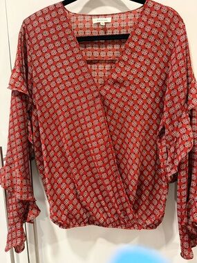 Max Studio Coral Red Geometric Print Ruffle Sleeve Blouse